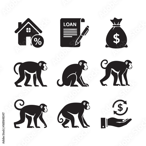 Collection of financial and monkey icons representing loans investments and money management