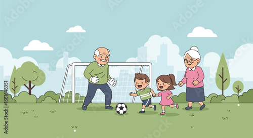 Flat style illustration of grandparents playing soccer with grandchildren in a park, celebrating National Grandparents Day with outdoor fun, family bonding, and active lifestyle
