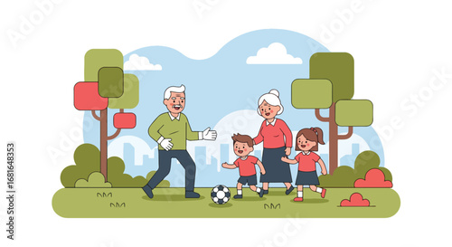 Flat style illustration of grandparents playing soccer with grandchildren in a park, celebrating National Grandparents Day with outdoor fun, family bonding, and active lifestyle
