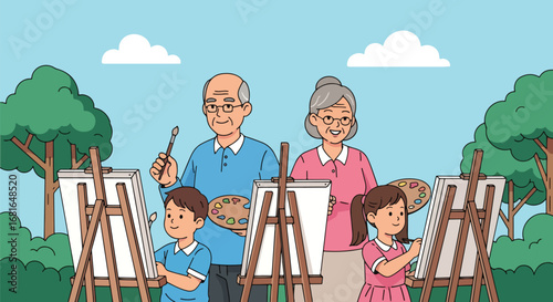 Flat style illustration of grandparents and grandchildren painting together in a park, celebrating National Grandparents Day with family bonding, creativity, and joyful outdoor activity