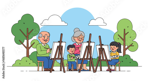 Flat style illustration of grandparents and grandchildren painting together in a park, celebrating National Grandparents Day with family bonding, creativity, and joyful outdoor activity