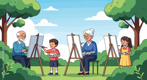 Flat style illustration of grandparents and grandchildren painting together in a park, celebrating National Grandparents Day with family bonding, creativity, and joyful outdoor activity