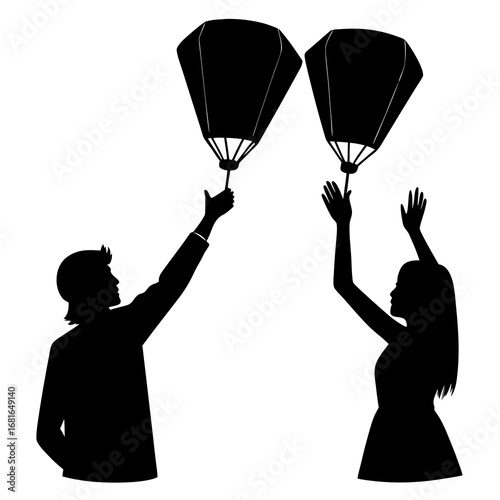 Silhouette couple releasing sky lanterns people woman