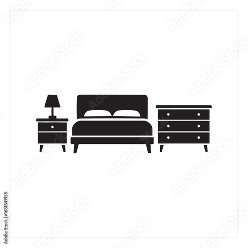 Bedroom Silhouette Cozy Bed, Nightstand, and Dresser Illustration