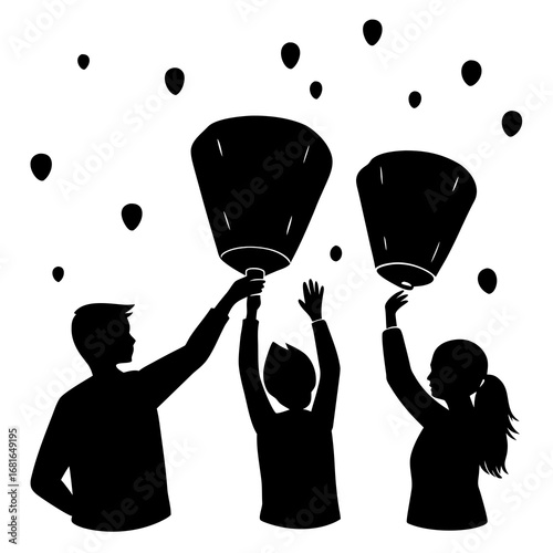 Silhouettes of people releasing sky lanterns black