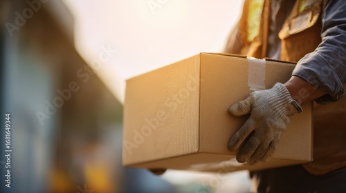 Medium shot of worker carefully lifting a heavy box with proper back posture main focus on hands and box blurred background emphasizing safe lifting practices.
