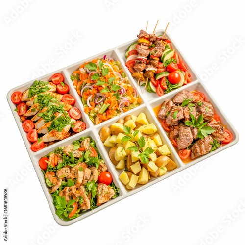 Delectable array of prepared dishes including chicken skewers beef and potato salad perfect for catering events and gatherings