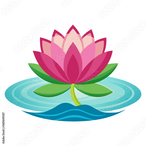 Vibrant pink lotus flower blooms beautifully on serene blue water, symbolizing peace and renewal, perfect for wellness and spa themes, bringing tranquility and elegance to any project.