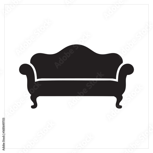 An ornate, classical sofa with a gracefully curved back and scrolled arms, rendered in a simple, bold black silhouette