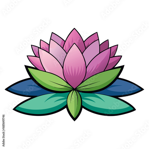 Vibrant pink lotus flower with green leaves and blue accents radiates serenity and natural beauty, perfect for wellness, spa, or yoga branding and design projects.