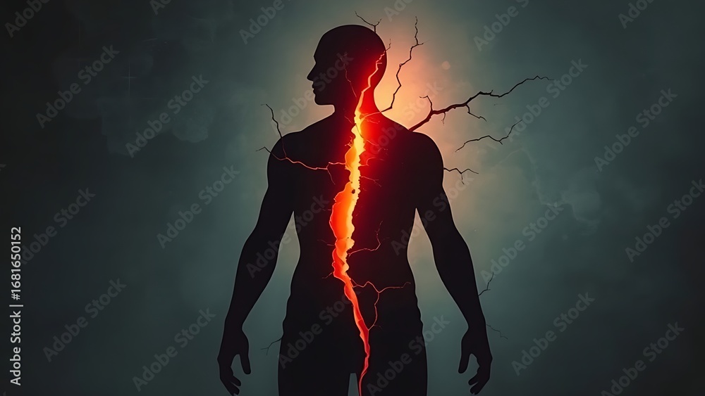 Obraz premium A fragmented human silhouette with hidden cracks, symbolizing unseen health threats and fragility.