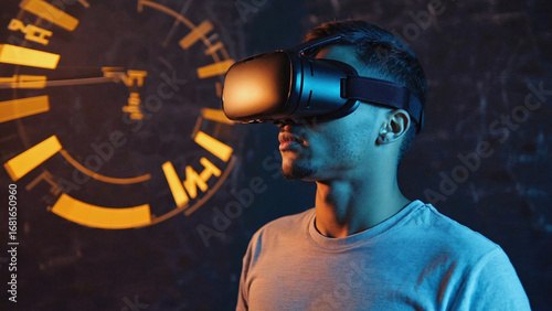 Close-up of VR user performing push-ups, floating strength meters rising. Ai generated.