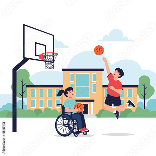 Children with disabilities enjoying inclusive basketball game outdoors on a sunny day