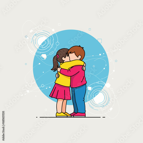 Two young children sharing a tender moment embracing each other warmly in a hugging position