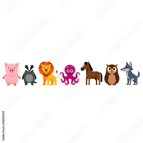 Collection of adorable cartoon animals featuring a pig badger lion octopus horse owl and wolf in a charming illustration