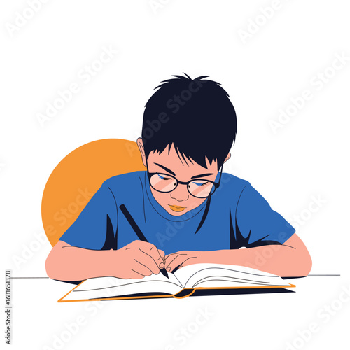 Young boy with glasses diligently studying and writing in a book with focused concentration and a bright orange circle behind him