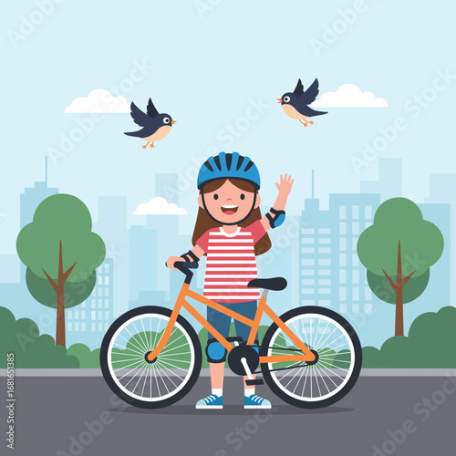 A young girl in protective gear rides her bicycle through a city park on a sunny day