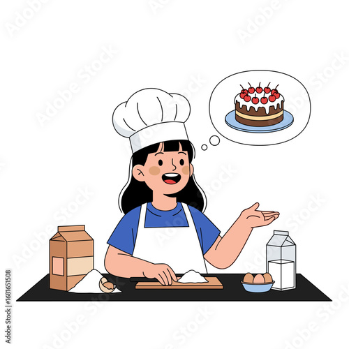 Young chef enthusiastically preparing delicious cake with fresh ingredients and sweet toppings in a culinary classroom