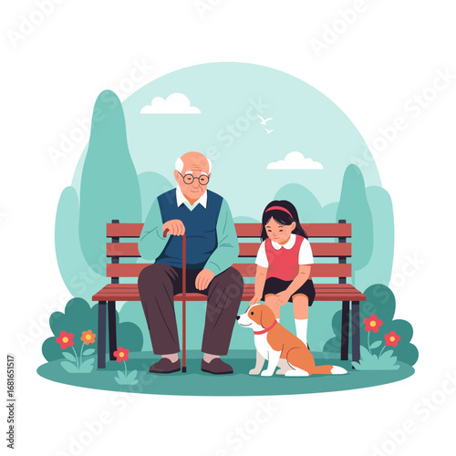 Grandfather and granddaughter enjoying a peaceful afternoon in the park with their loyal dog companion