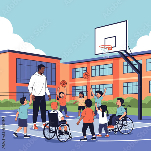 Inclusive basketball practice fosters teamwork and skill development for all young athletes
