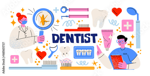 Dental care stickers in retro cartoon. Funny teeth, braces, toothbrush, dentist characters, medical tools, instruments  playful funky doodle elements for healthcare and clinic illustration.