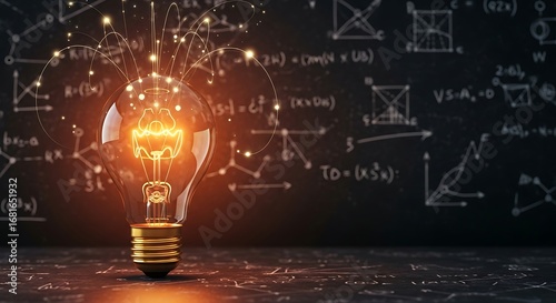 Glowing Filament Bulb with Mathematical Equations and Diagrams on Blackboard Background