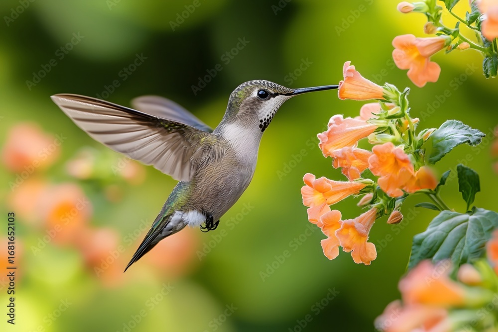 Naklejka premium A hummingbird flutters among the flowers, its tiny form and rapid wings appearing particularly lively in the sunlight