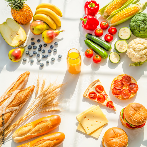 Diverse food assortment featuring fruits vegetables grains cheese pizza burgers a harmonious and balanced selection