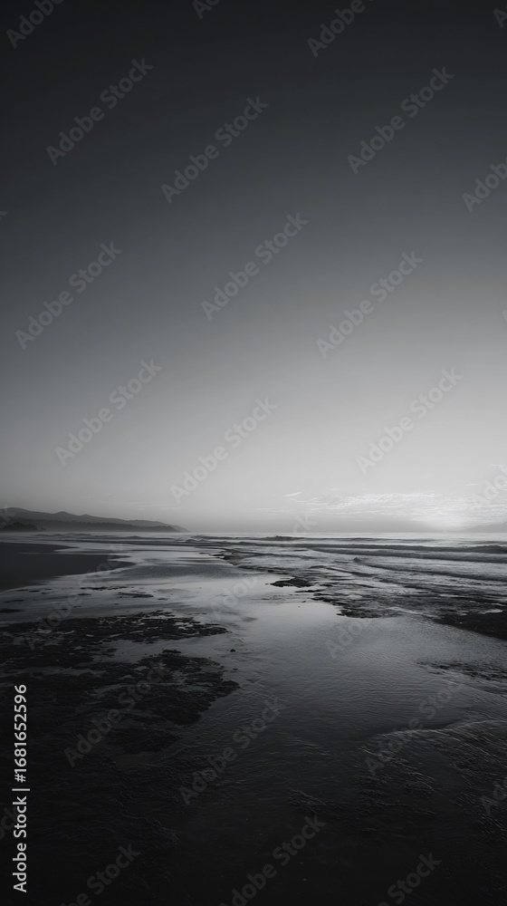 Obraz premium Monochromatic coastline: Tranquil seaside scene, capturing vast horizon and ethereal calm atmosphere
