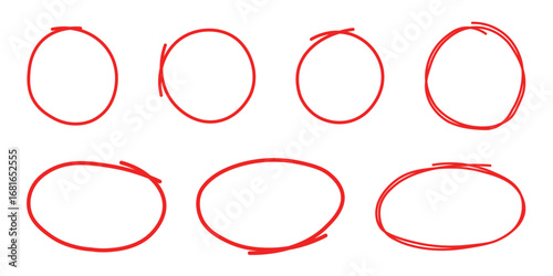 hand drawn red circles and ovals highlighter line strokes sketch set. hand drawn brush stroke for highlighting mistake. circle editing highlight hand drawn. exam element. vector and transparent png