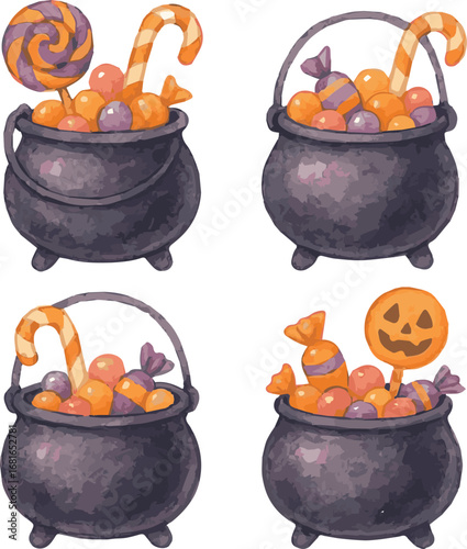 Collection of watercolor painted illustrations of halloween cauldrons each isolated