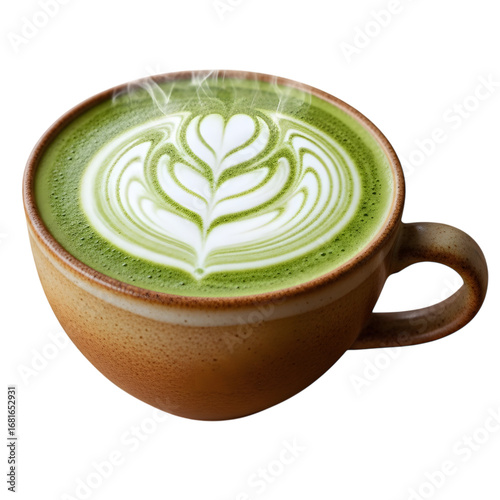 A steaming cup of matcha latte with intricate foam art in a ceramic mug