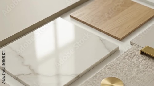 Neutral Kitchen Mood Board: Marble, Wood, and Brass - Flat lay showcasing a stylish kitchen mood board with samples of marble, light wood, brass hardware, and neutral fabrics.