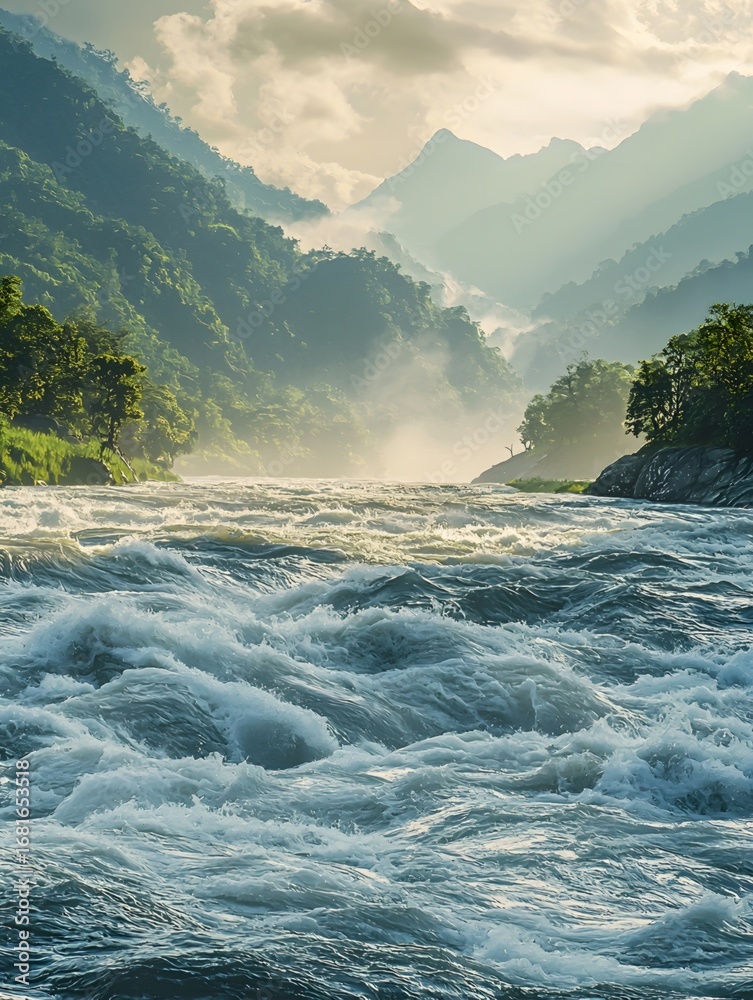 Obraz premium The river rushes ceaselessly, with surging waves
