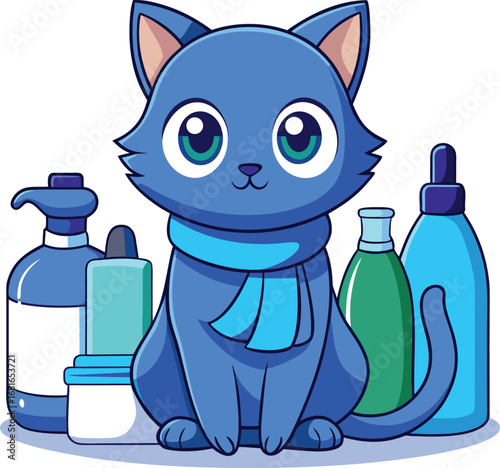 Cute vector illustration of a sweet baby kitten and a funny black dog