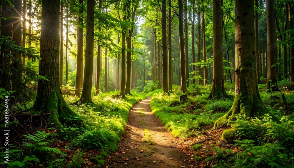 Naklejka premium A sun-drenched forest path winds through a verdant woodland, bathed in morning light.