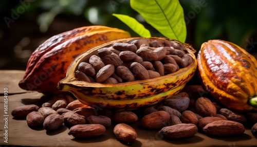 close up of cocoa pods and beans highlighting the raw ingredients of chocolate production