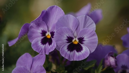 Closeup of purple pansy flowers blooming in the garden during springtime
