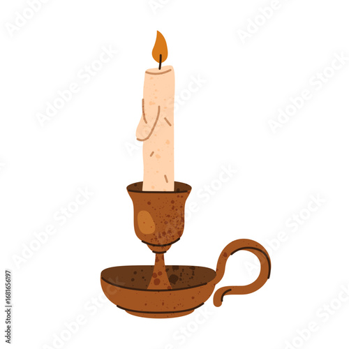 Classic table candlestick or glowing candle. Vector cartoon clipart for vintage, retro illumination. Spiritual lighting or home decoration, church ornament for religious ceremony. Night romantic glow.