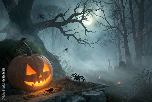 Glowing jack o'lantern with spiders in a spooky graveyard under a full moon on a foggy night scene