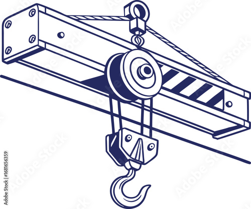 Industrial mechanical hoist system with pulley and hook vector
