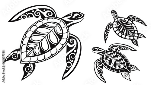 vecctor Tribal turtle tattoo set. Polynesian sea animal symbol. Intricate Maori ethnic ornament collection. Black vector illustration