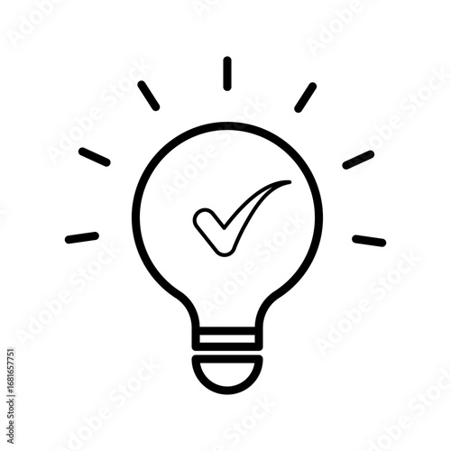 black bulb with checkmark like quick tip icon. flat stroke linear simple trend modern efficiency logotype design element isolated on white. concept of visionary info pictogram or conclusion symbol	
