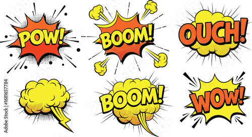 Comic speech bubbles vector set with boom pow wow ouch effects