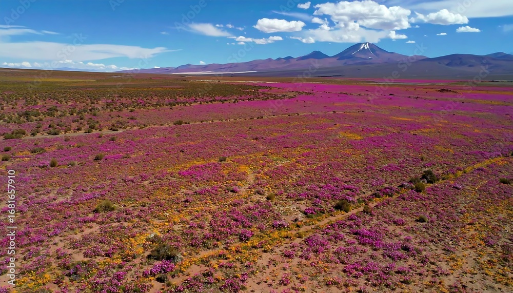 Obraz premium A vast expanse of vibrant pink and yellow flowers carpets the arid landscape, with a snow-capped mountain range as a dramatic backdrop.