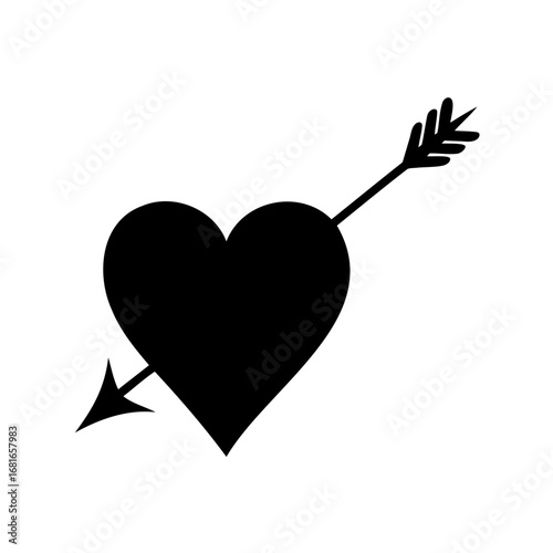 Simple Black Heart Pierced by Arrow on White Background for Valentine's Day