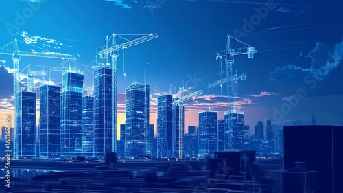 Futuristic Cityscape Construction with Cranes at Twilight in Blue Tones