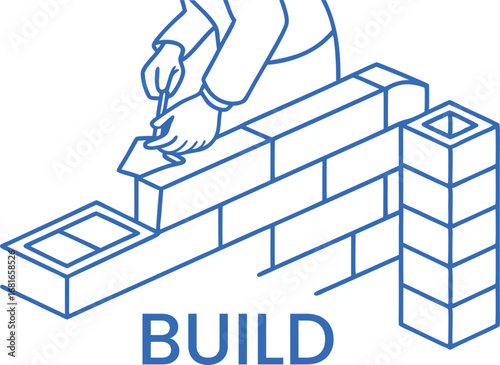 Builder constructing brick wall with trowel showing progress and construction vector