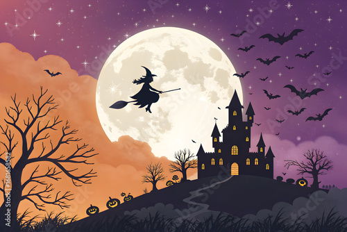A halloween night scene featuring a witch flying on a broomstick in front of a full moon and castle
