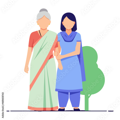 old mother and daughter outside, elderly woman with daughter. feeling happy of family relationship. retirement age. Elderly care concepts of motherhood. Vector illustration isolated